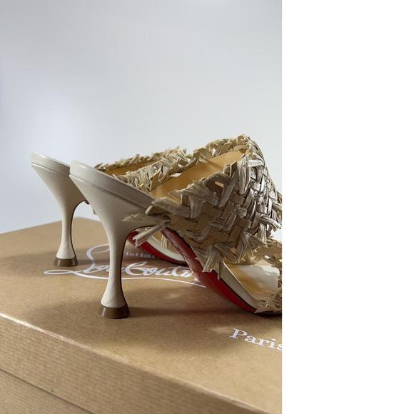 Meroine 85mm raffia Tan Woven fringe heels mules E325 - Picture 4 of 12